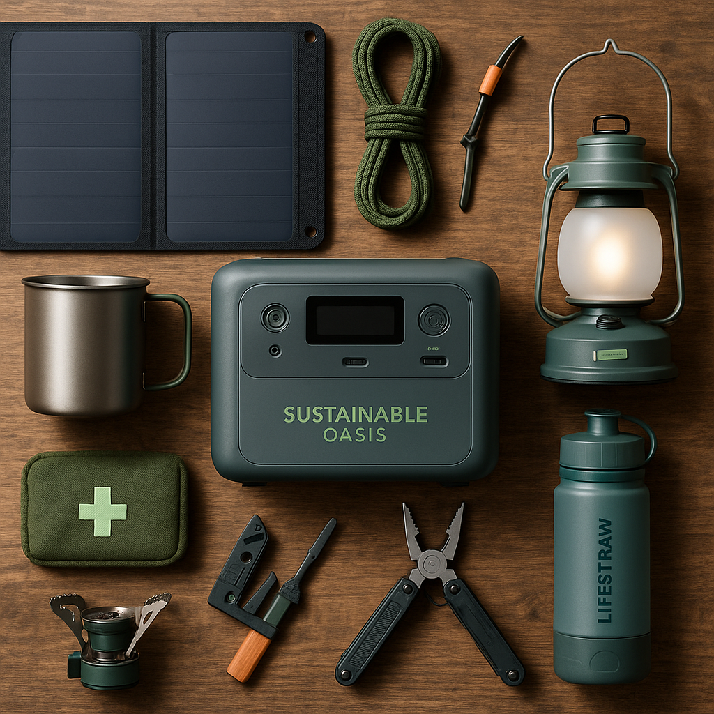 Selection of sustainable winter and everyday gear including lighting, power banks, warm textiles, and eco accessories displayed on a table.